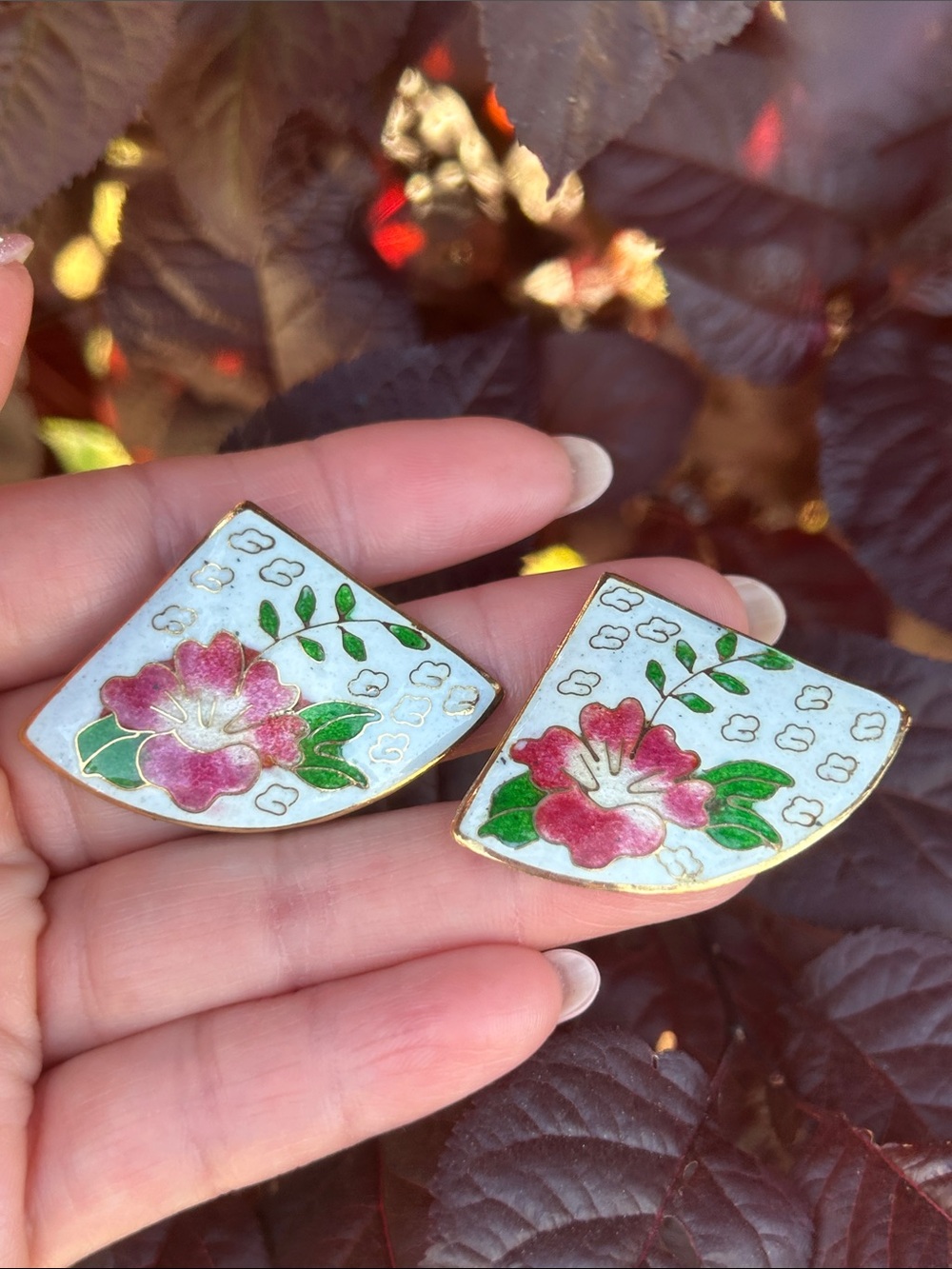 Vintage Floral Cloisonné Fan-Shaped Earrings - Pink & Green